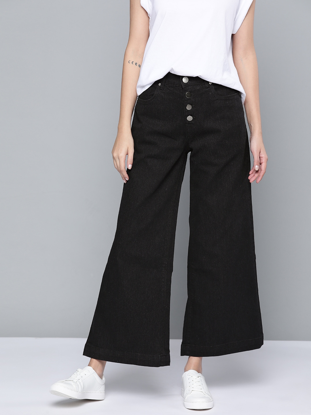 Mast & Harbour Women Black Wide Leg Stretchable Jeans Price in India