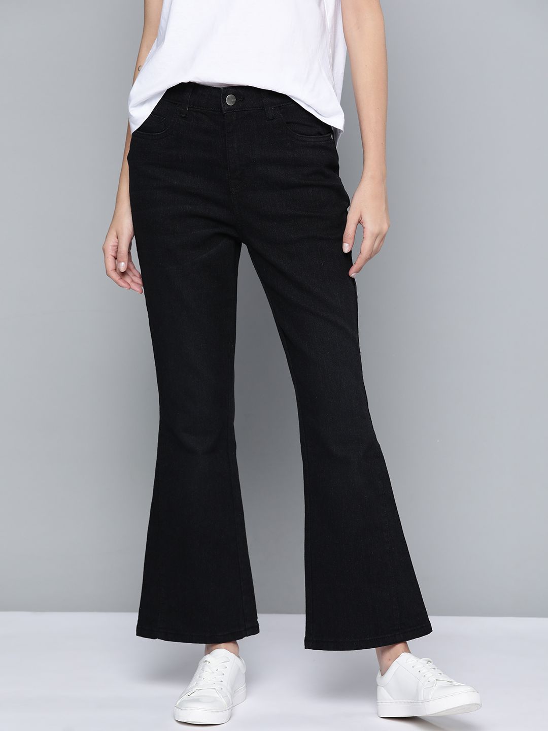 Mast & Harbour Women Black Flared Stretchable Jeans Price in India