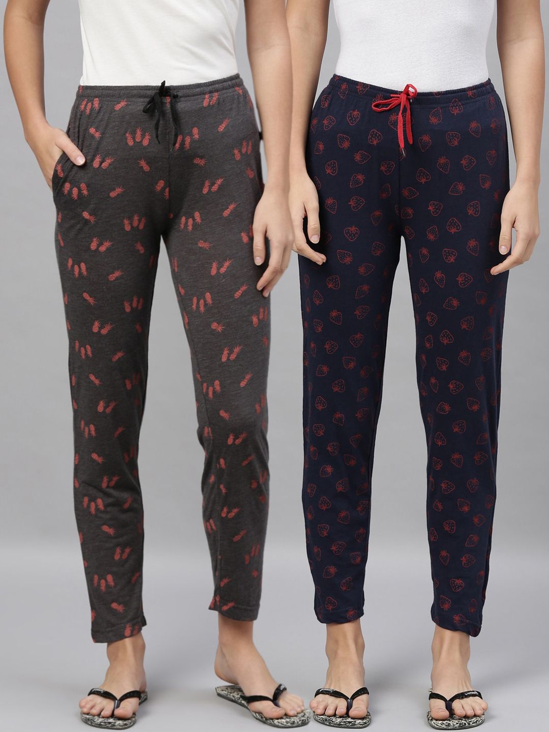 Kryptic Women Pack Of 2 Navy Blue & Grey Melange Printed Pure Cotton Lounge Pants Price in India