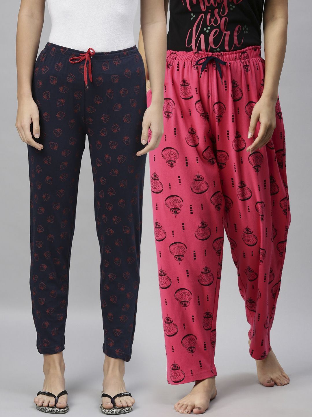Kryptic Women Navy Blue & Pink Pack of 2 Printed Pure Cotton Lounge Pants Price in India