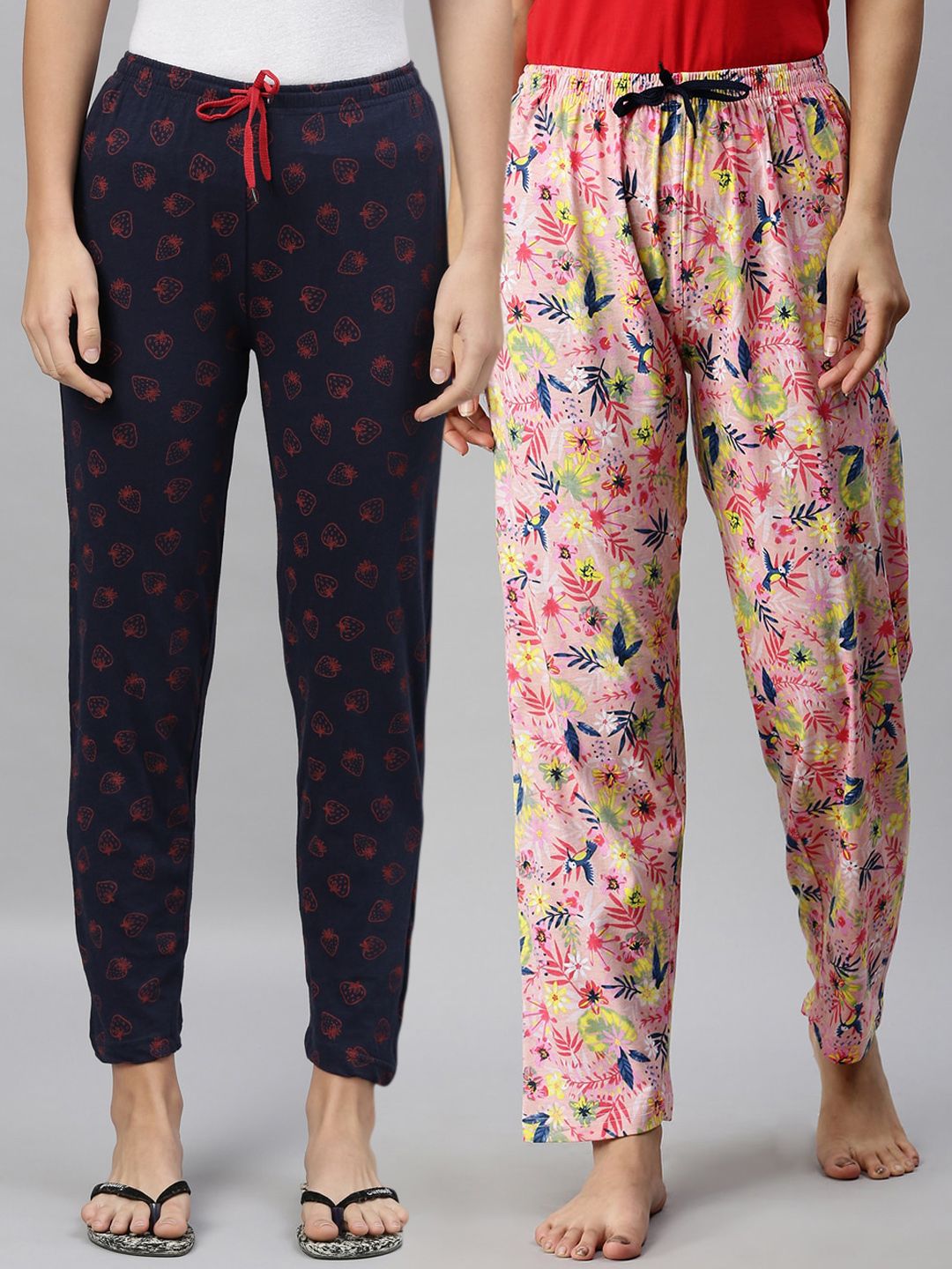 Kryptic Women Pack of 2 Navy Blue & Pink Printed Cotton Lounge Pants Price in India