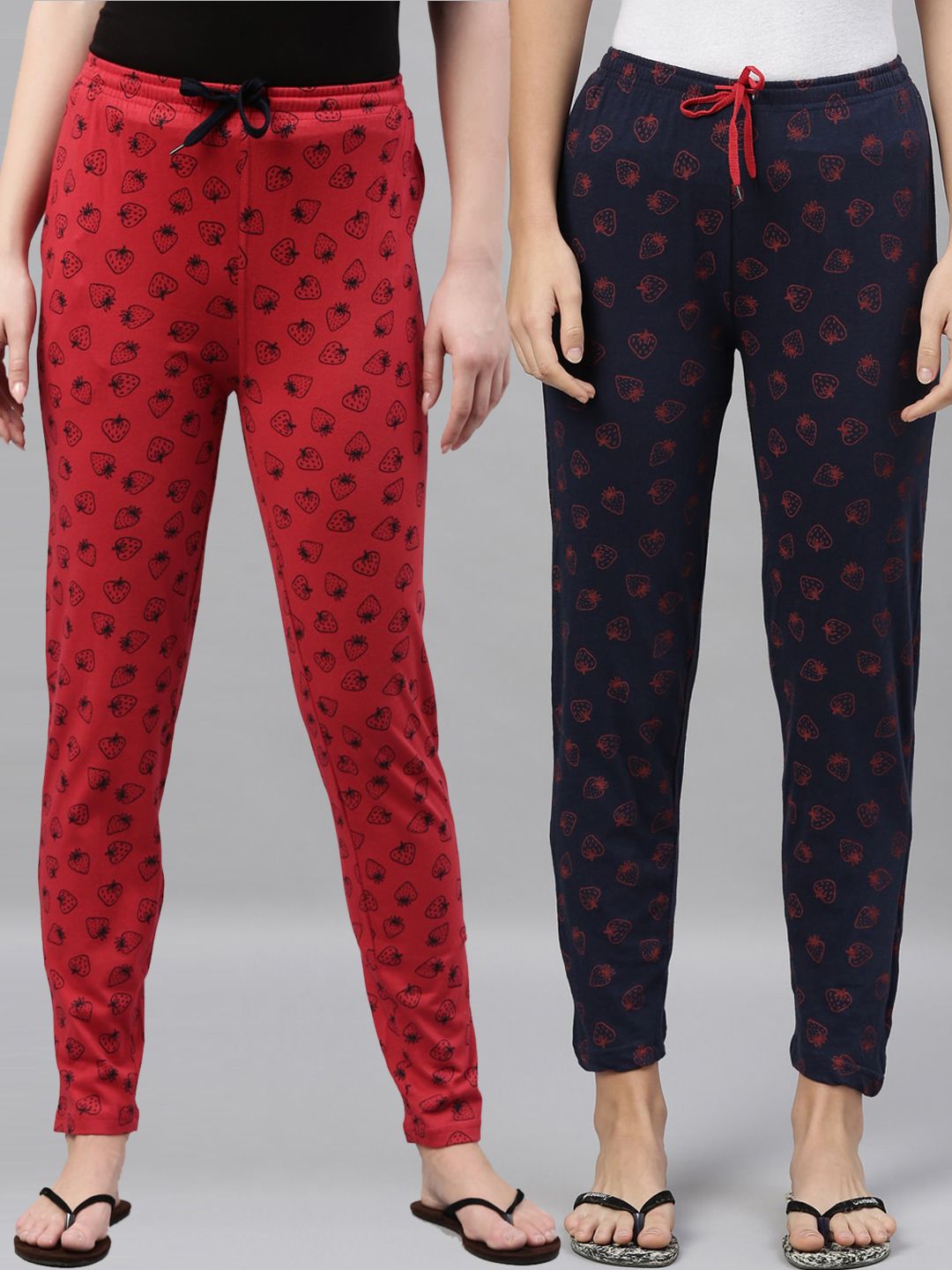 Kryptic Women Navy Blue & Red Pack of 2 Printed Pure Cotton Lounge Pants Price in India