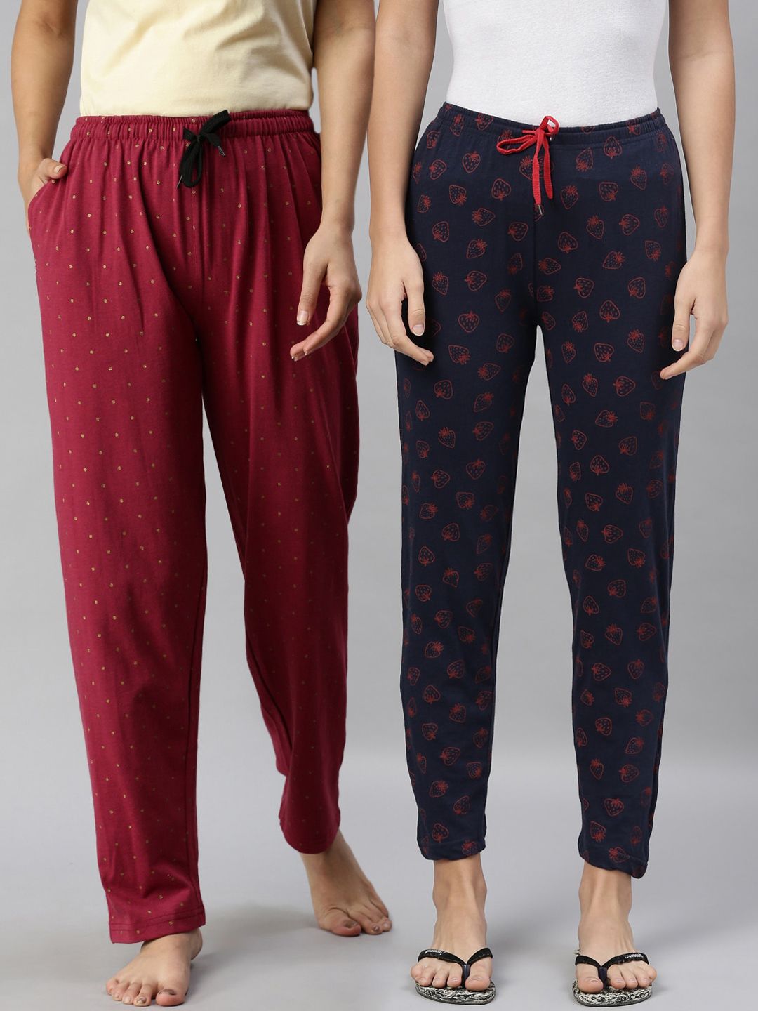 Kryptic Pack Of 2 Navy Blue & Maroon Cotton Printed Lounge Pants Price in India