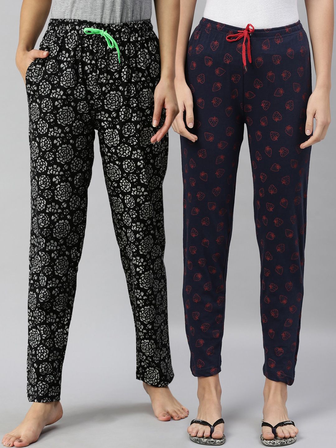 Kryptic Women Navy Blue & Black Pack of 2 Printed Pure Cotton Lounge Pants Price in India