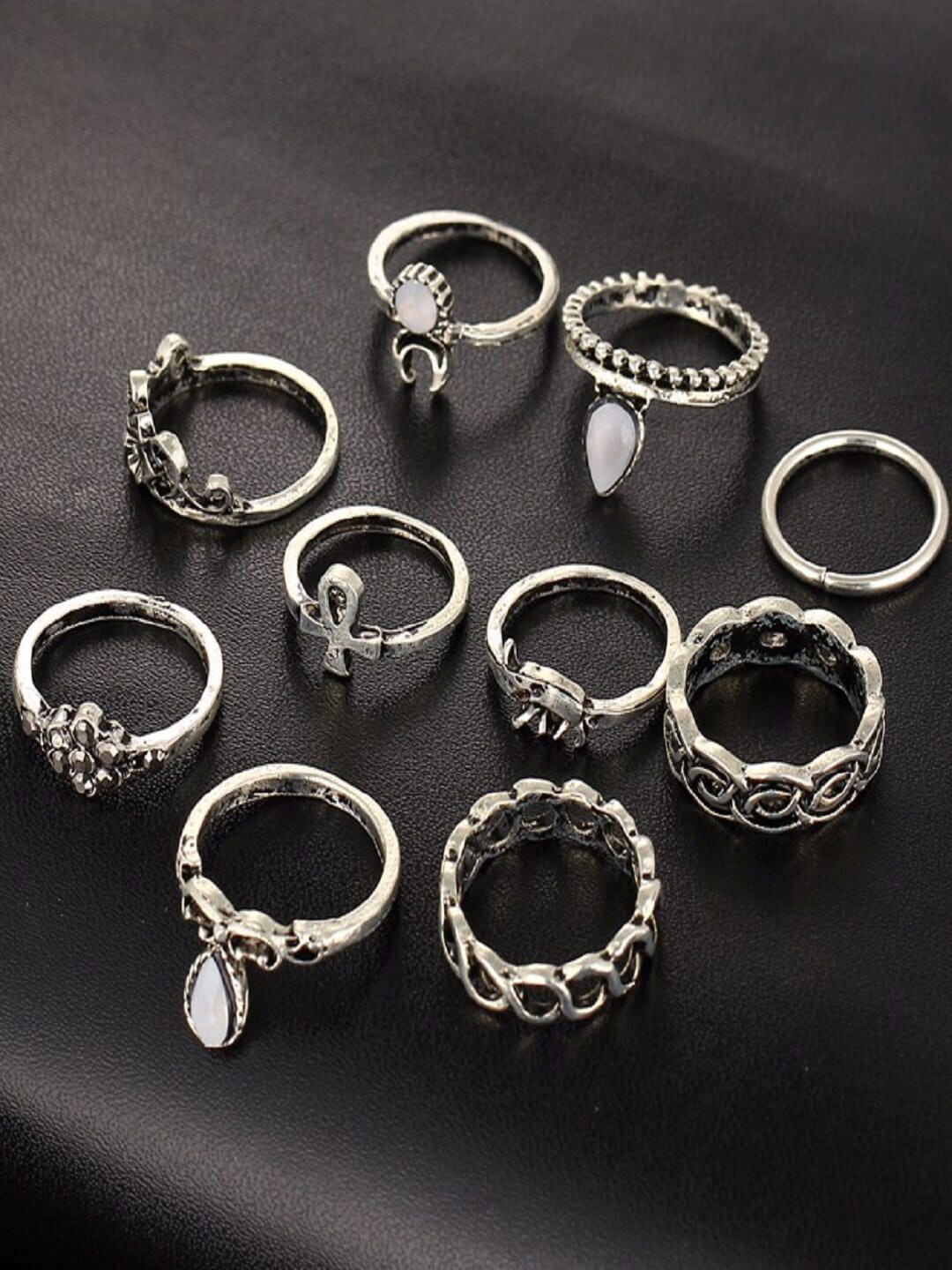 OOMPH Set Of 10 Oxidised Silver-Plated Crystal-Studded Finger Rings Price in India