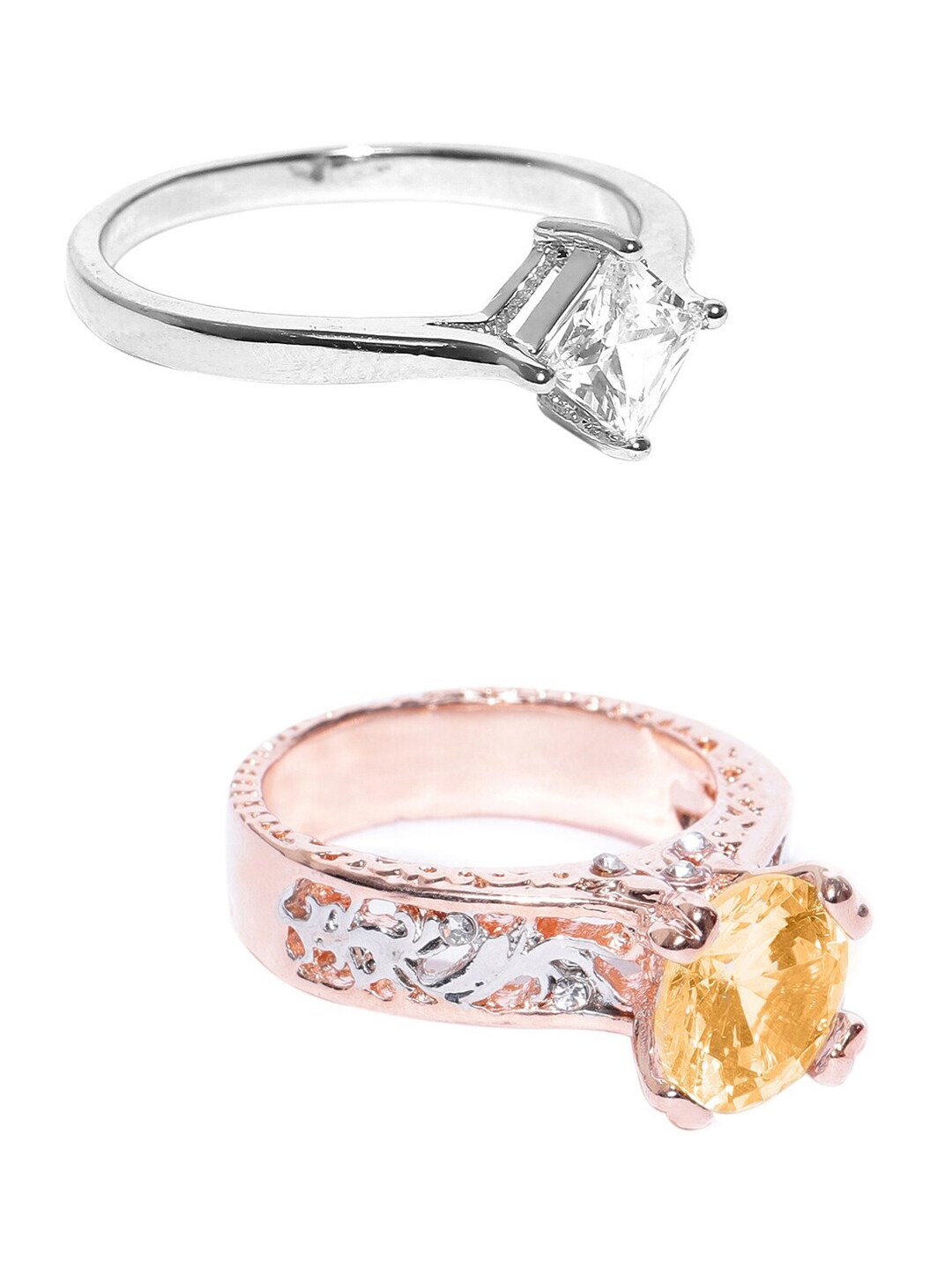 OOMPH Set of 2 Rose Gold & Silver Toned White & Yellow CZ Studded Handcrafted Finger Rings Price in India