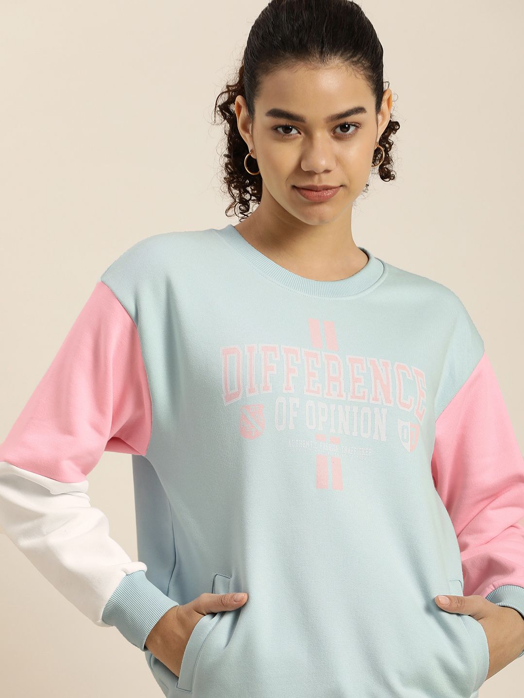 Difference of Opinion Women Blue Printed Oversized Sweatshirt Price in India