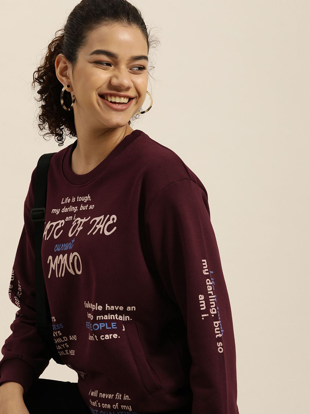 Difference of Opinion Women Maroon Printed Oversized Sweatshirt Price in India