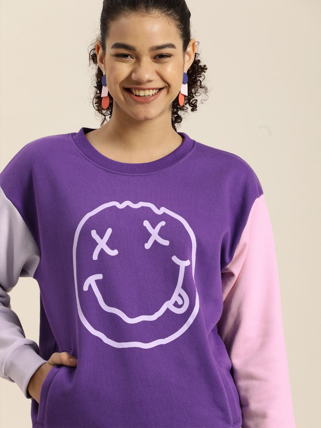 Difference of Opinion Women Violet Humour & Comic Printed Oversized Cotton Sweatshirt Price in India