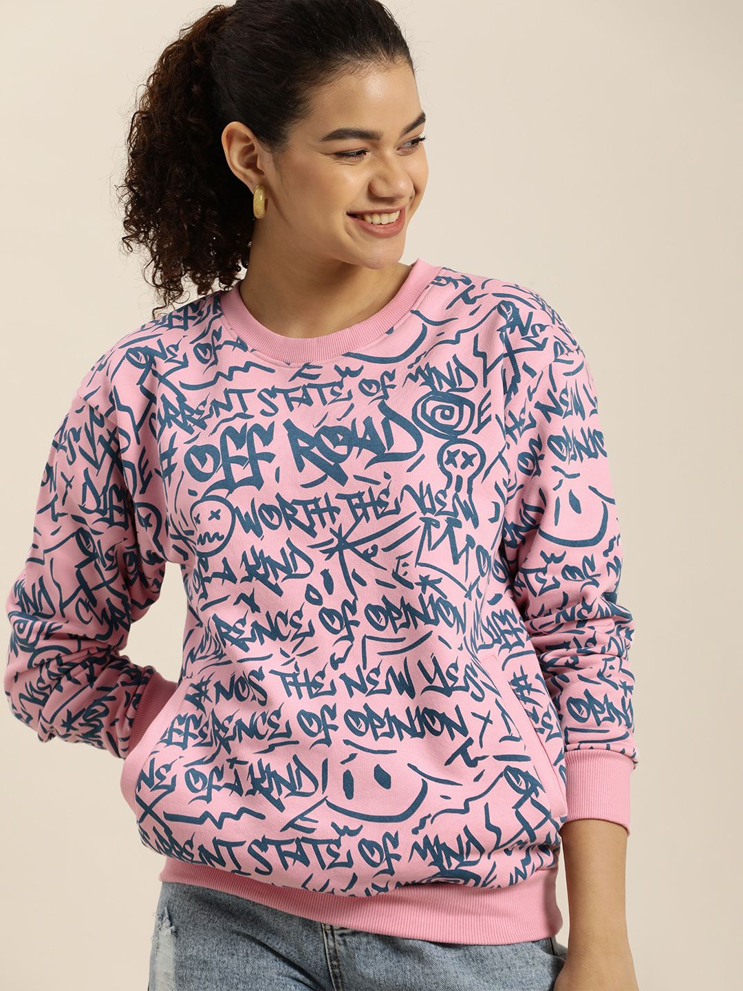 Difference of Opinion Women Pink Printed Oversized Sweatshirt Price in India