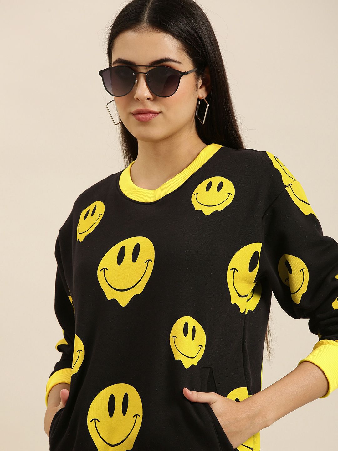 Difference of Opinion Women Black & Yellow Printed Sweatshirt Price in India