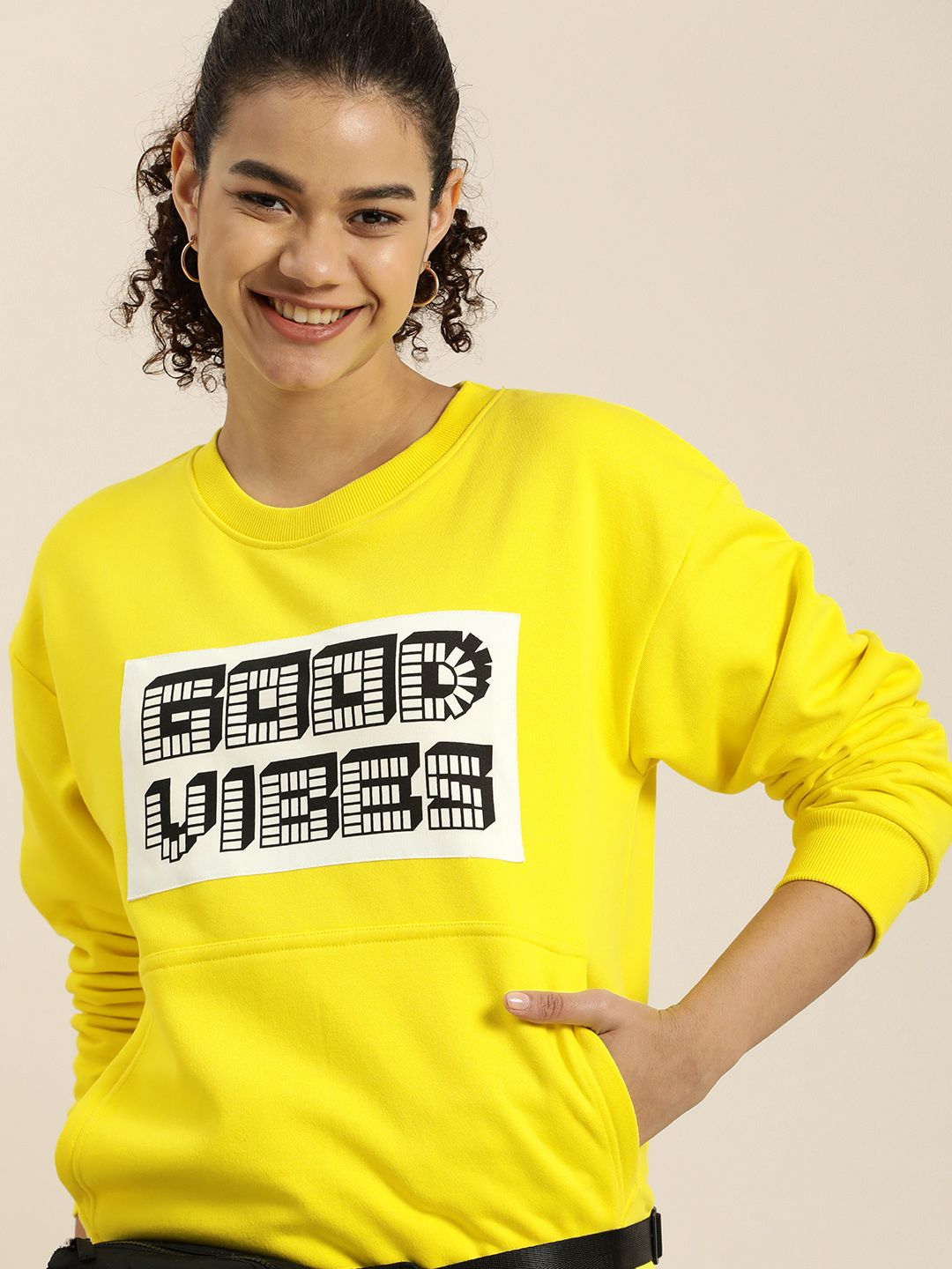 Difference of Opinion Women Yellow Typography Printed Oversized Cotton Sweatshirt Price in India