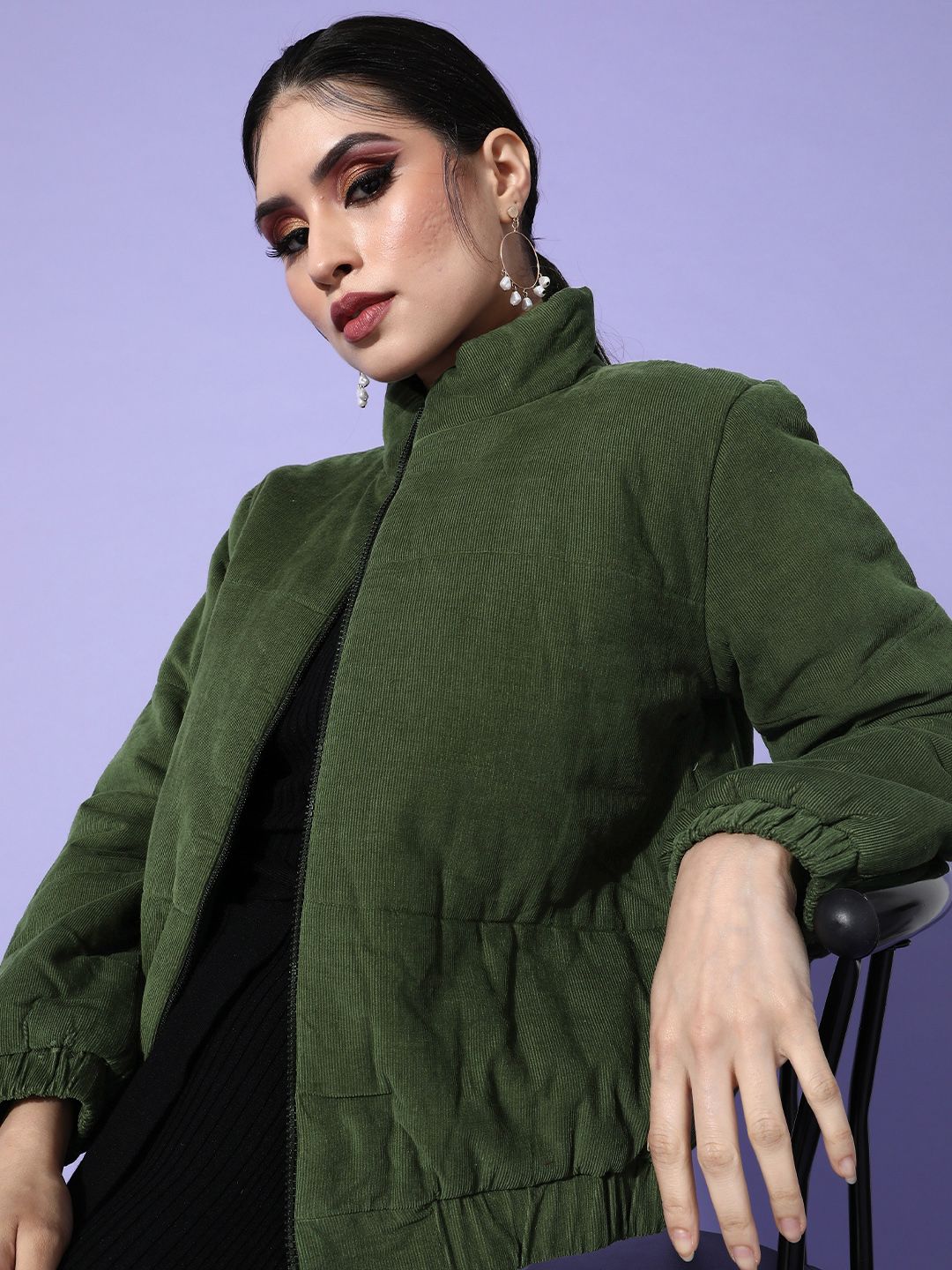 SASSAFRAS Women Olive Green Corduroy Quilted Jacket Price in India