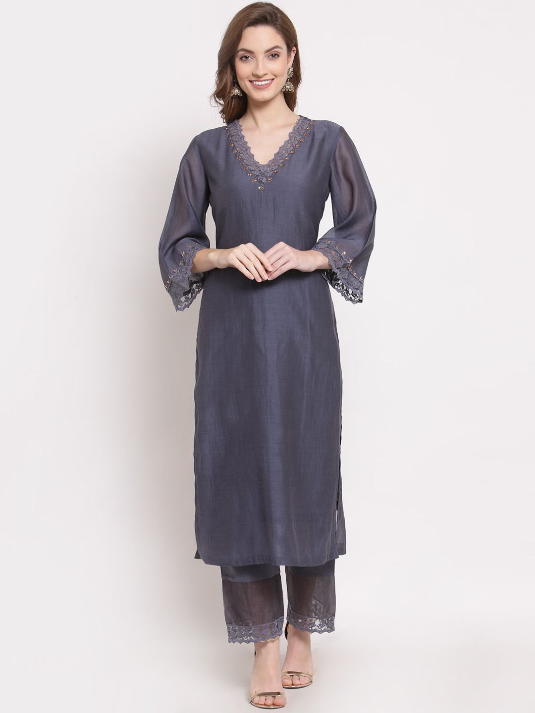 DART STUDIO Women Grey Flared Sleeves Chanderi Silk Chanderi Silk Kurta Price in India