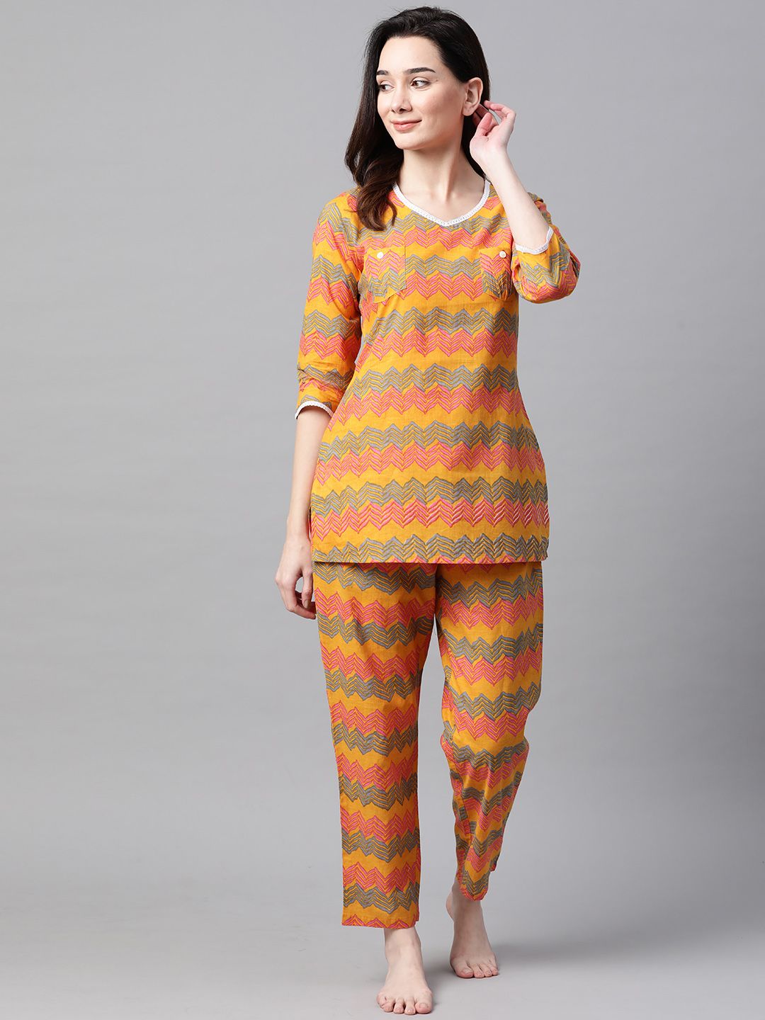 Meeranshi Women Mustard Yellow & Blue Pure Cotton Printed Nightsuit Price in India