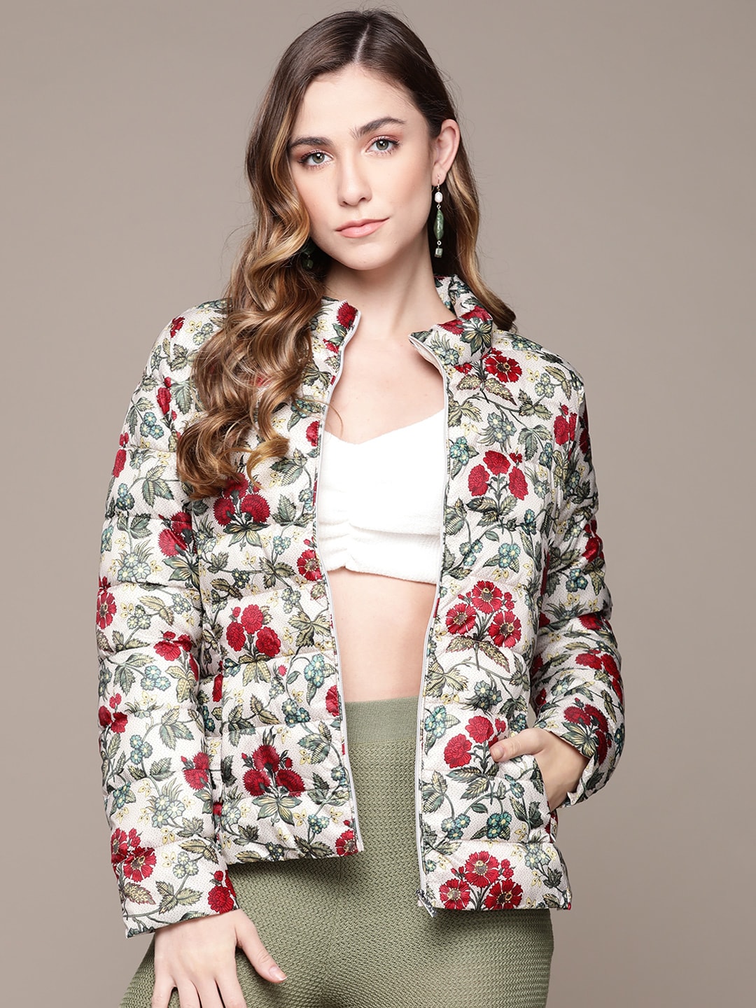 Label Ritu Kumar Women Off White Red Floral Open Front Jacket Price in India