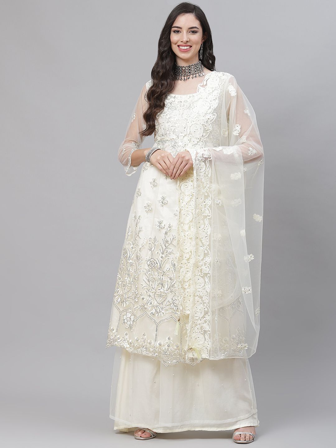 Readiprint Fashions Off White Embroidered Unstitched Dress Material Price in India