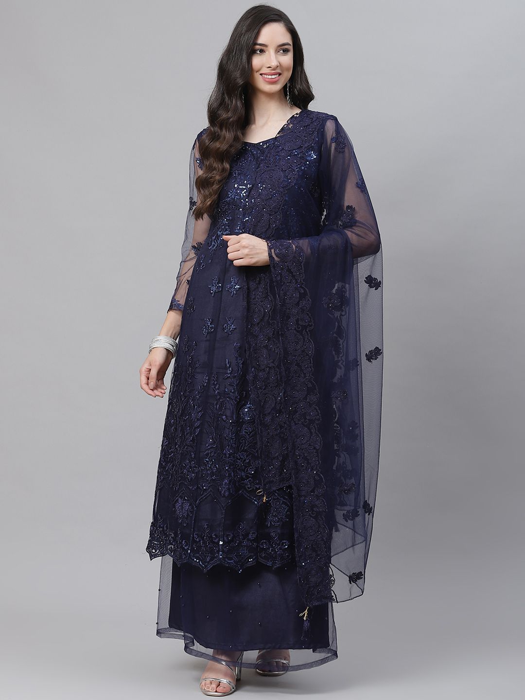 Readiprint Fashions Navy Blue Embroidered Unstitched Dress Material Price in India