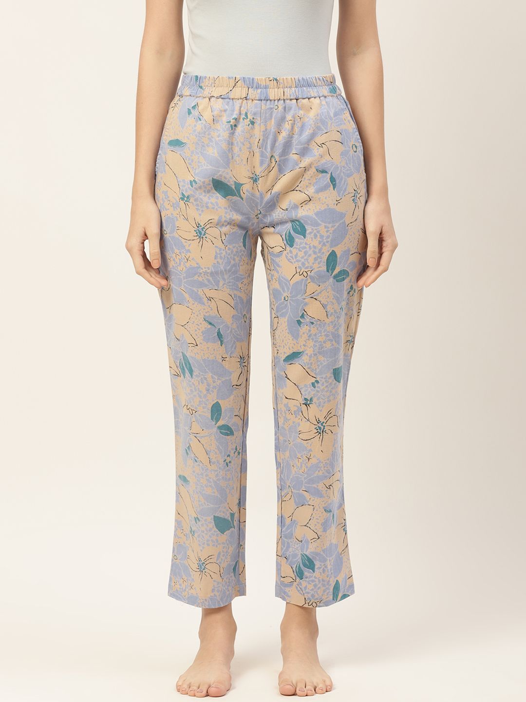 9teenAGAIN Women Light Blue Floral Cotton Lounge Pants Price in India