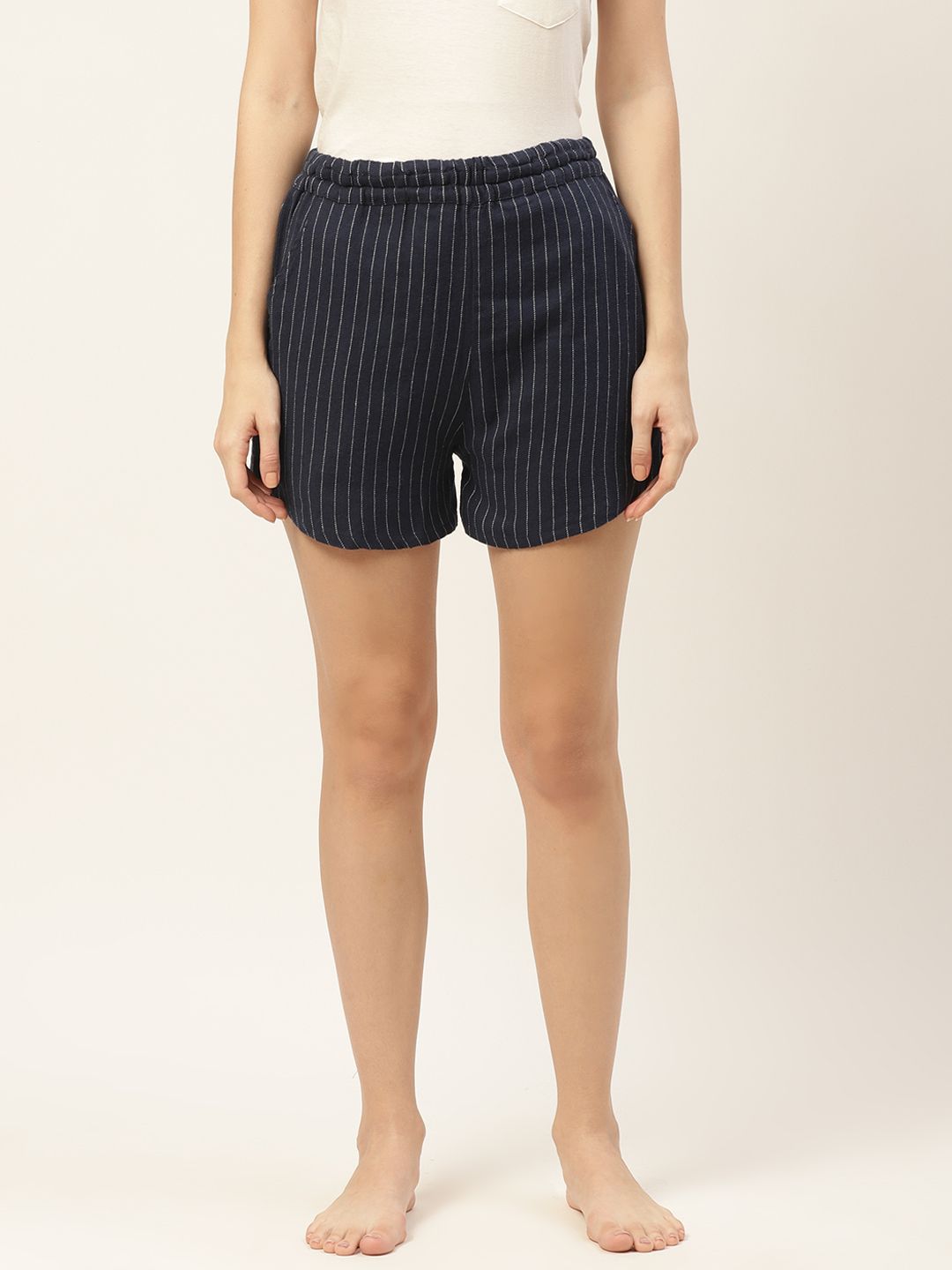 9teenAGAIN Women Navy Blue Striped Lounge Shorts Price in India