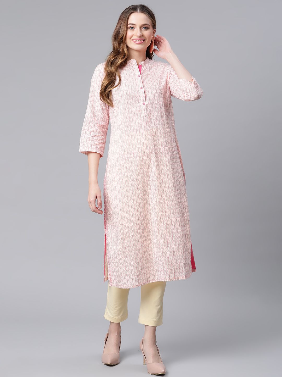 Rangriti Women Off White & Pink Geometric Printed Cotton Kurta Price in India