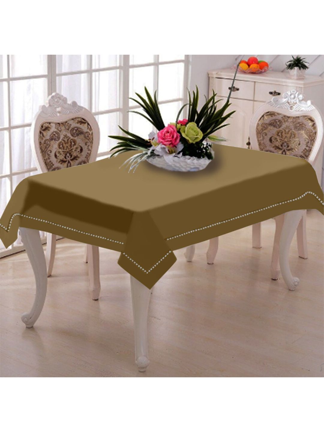 Lushomes Unisex Beige & White Solid Pure Cotton 6-Seater Table Cover Price in India
