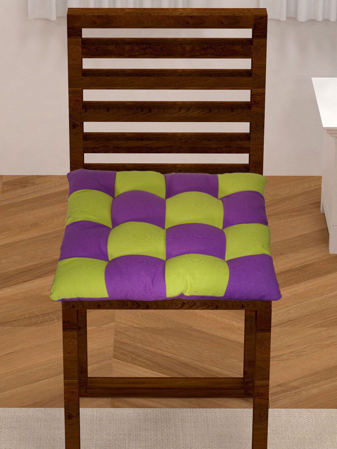 Lushomes Purple & Green Checked General Support Cotton Chair Cushion Price in India