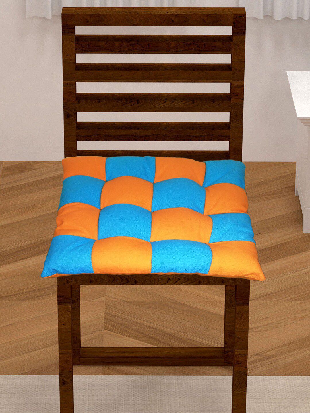 Lushomes Orange & Blue Coloublocked Cotton Dining Chair Pad Price in India