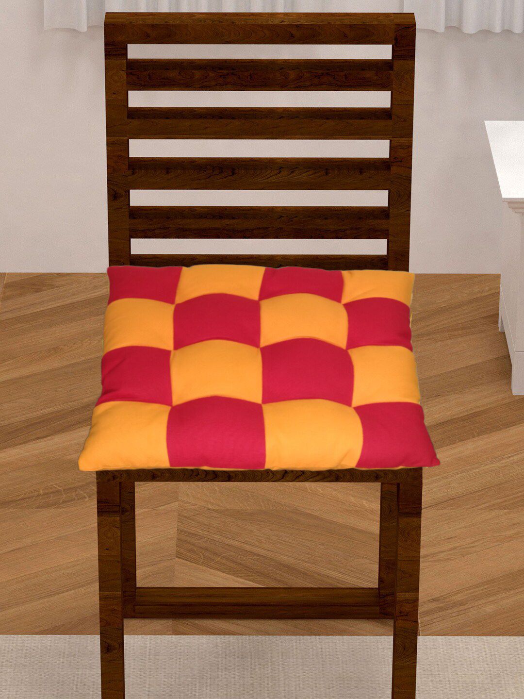 Lushomes Red & Orange Checked General Support Cotton Chair Pad Price in India