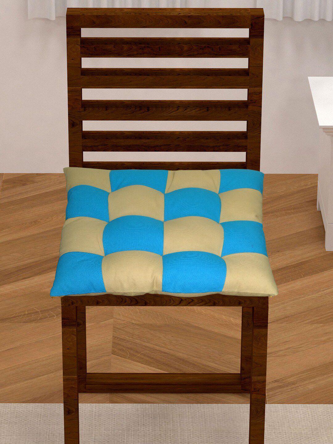 Lushomes Blue & Gold Cotton Dinning Chair Pad Cushion Price in India
