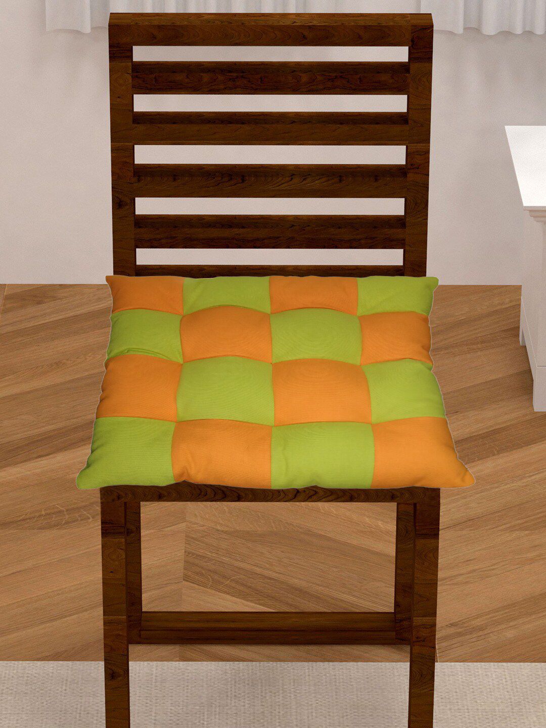 Lushomes Orange & Green Coloublocked Cotton Dining Chair Pad Price in India