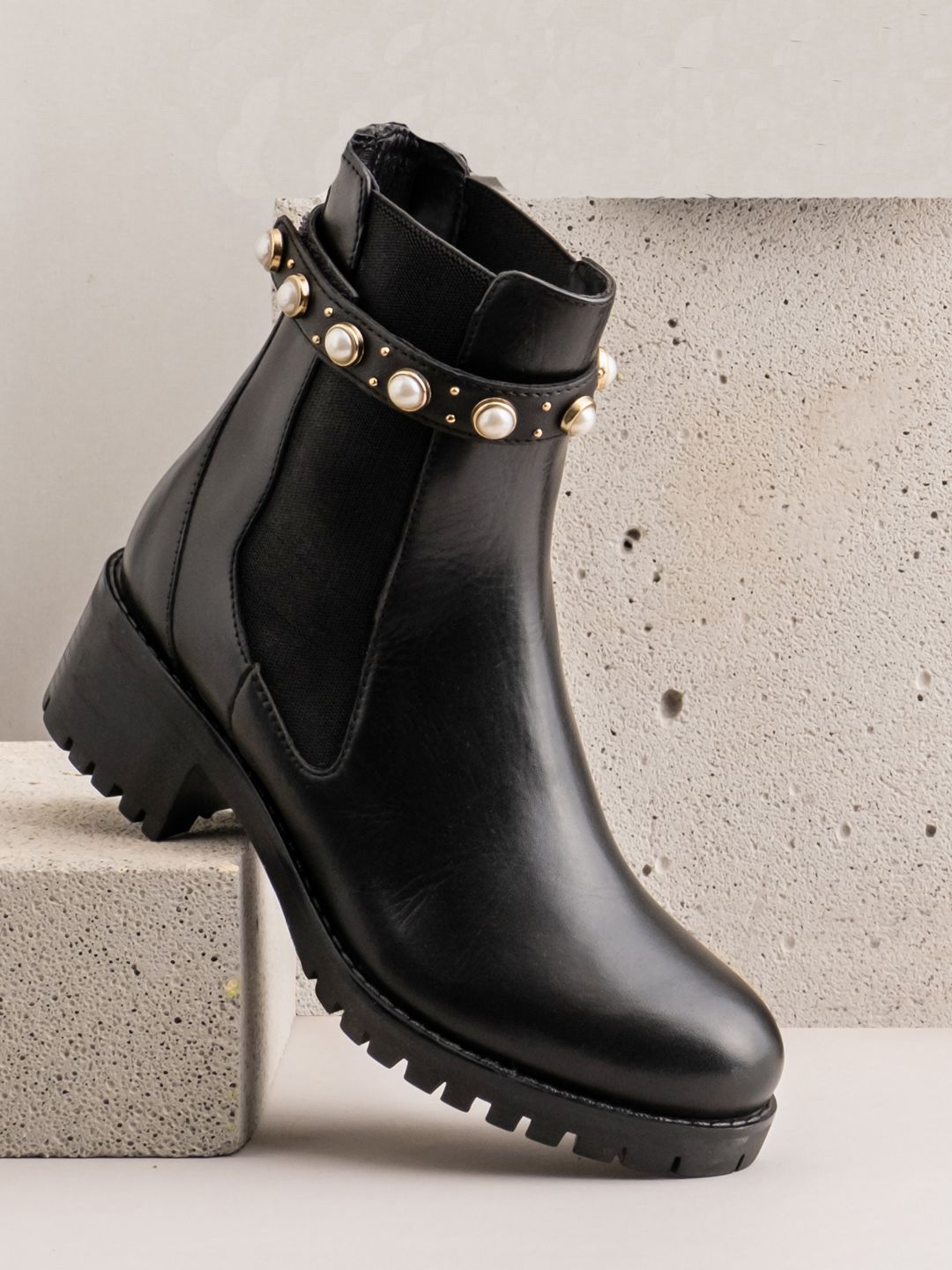 Saint G Black Imitation Pearl Embellished Leather Chelsea Boots Price in India
