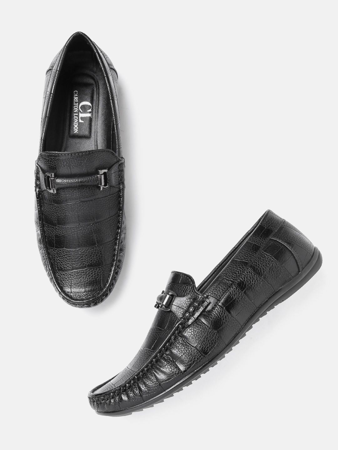 Carlton London Men Black Croc Textured Horsebit Loafers