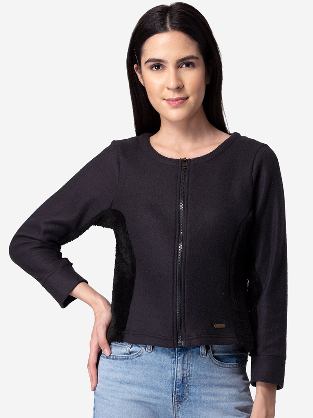 Modriba Women Black Fleece Crop Tailored Jacket Price in India