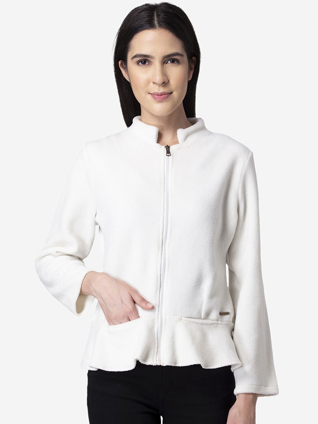 Modriba Women Off White Peplum Jacket Price in India