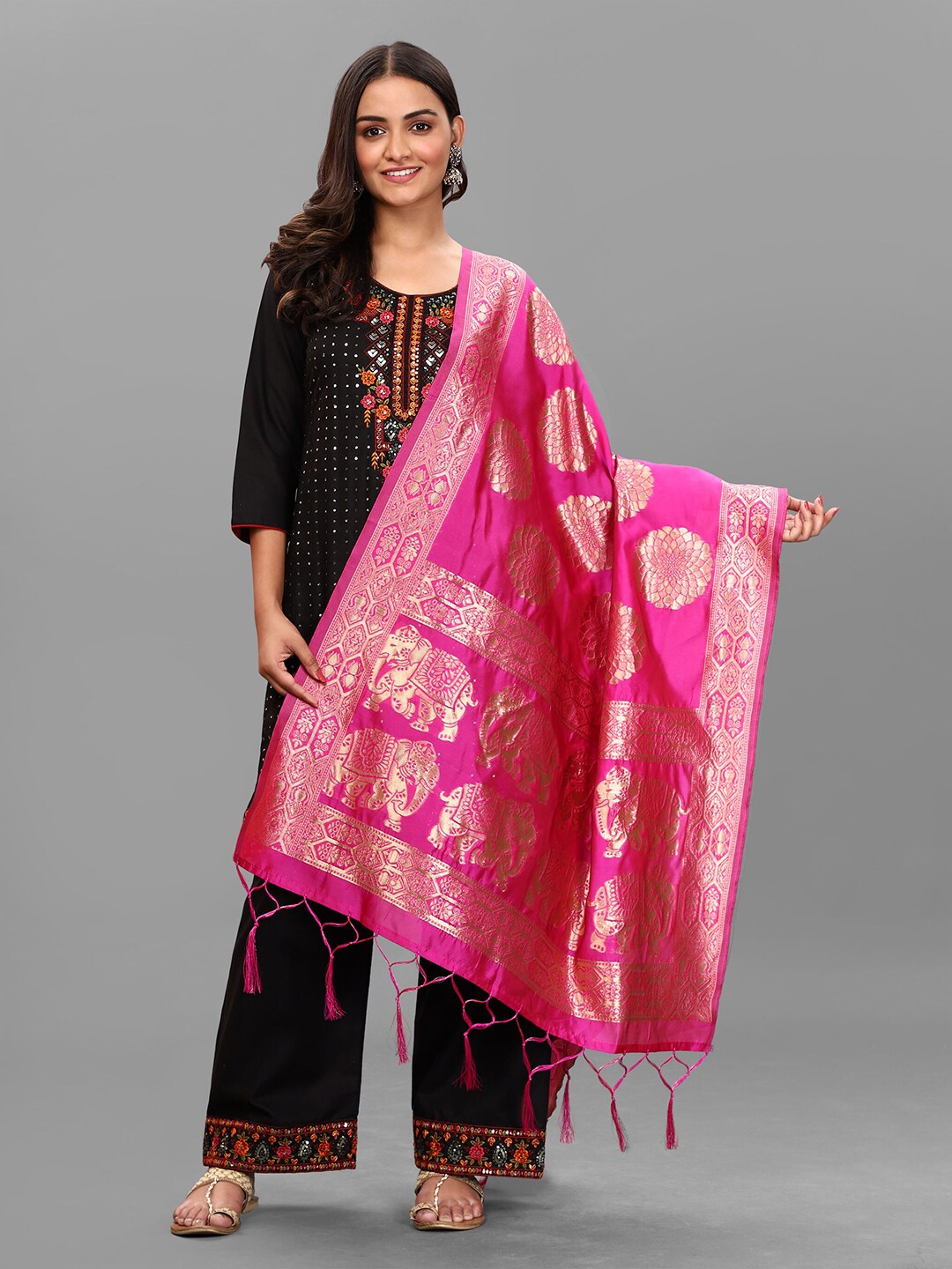 DIVASTRI Pink & Gold-Toned Ethni Jacquard Woven Banarasi Art Silk Dupatta Price in India