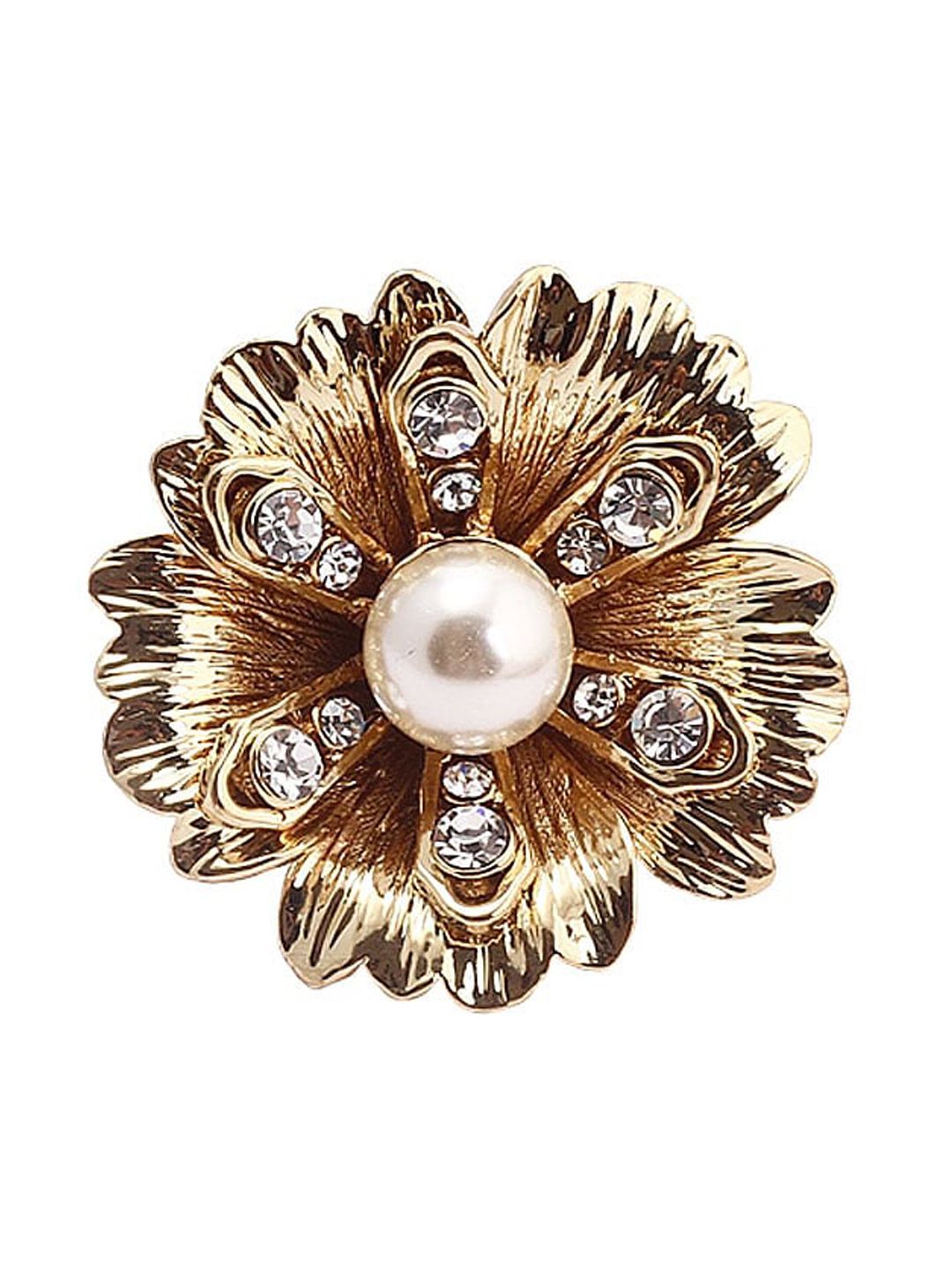 FLYING BERRY Gold-Plated White Stone-Studded & Pearl Beaded Adjustable Finger Ring Price in India
