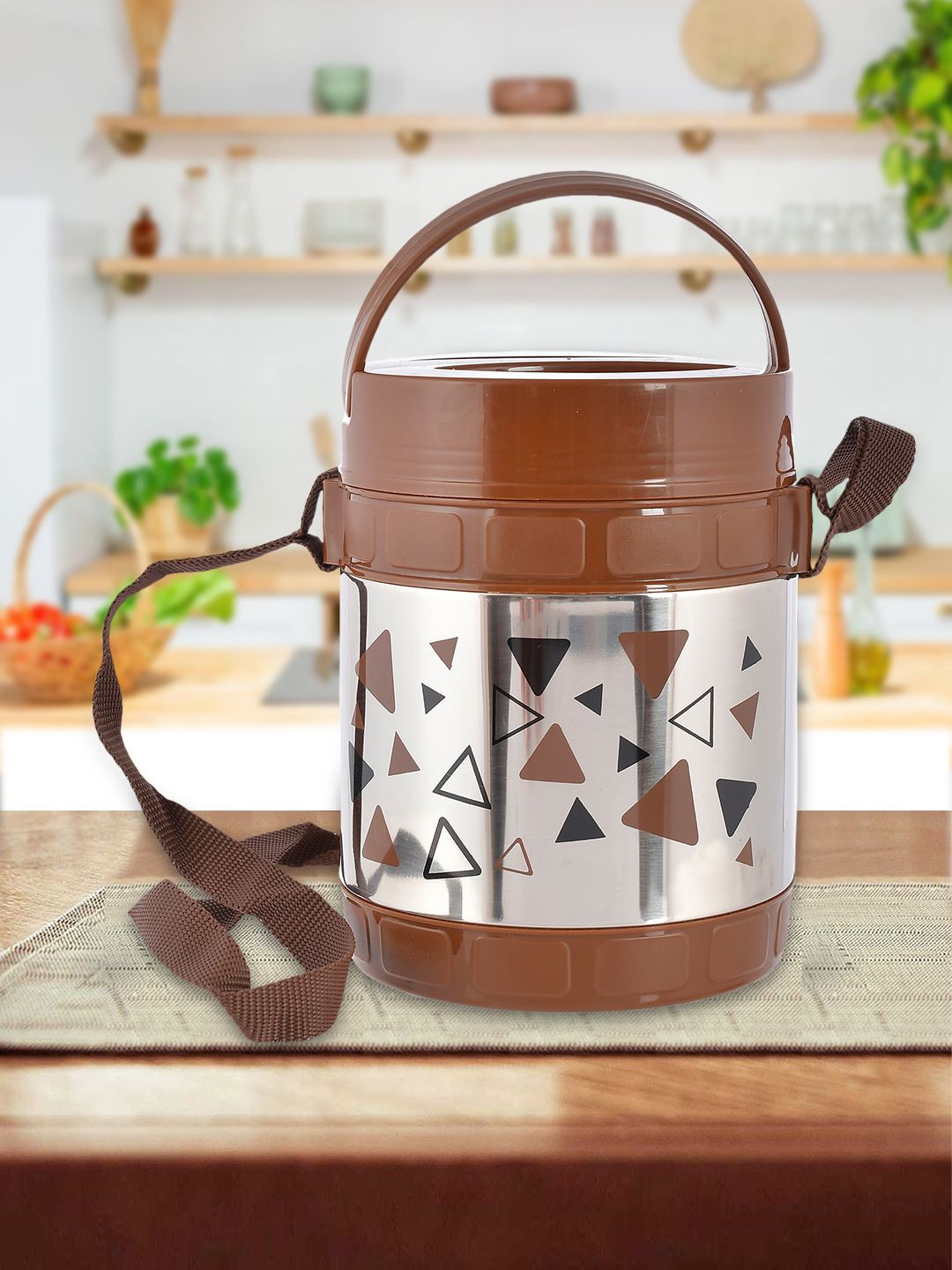 Kuber Industries Brown & Silver-Toned Printed Stainless Steel Lunch Box Price in India