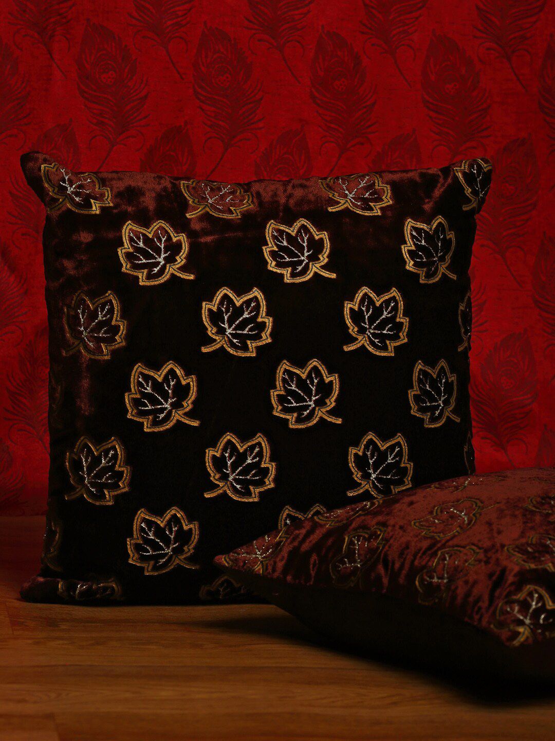 HOSTA HOMES Red & Gold-Toned Set of 2 Floral Velvet Square Cushion Covers Price in India