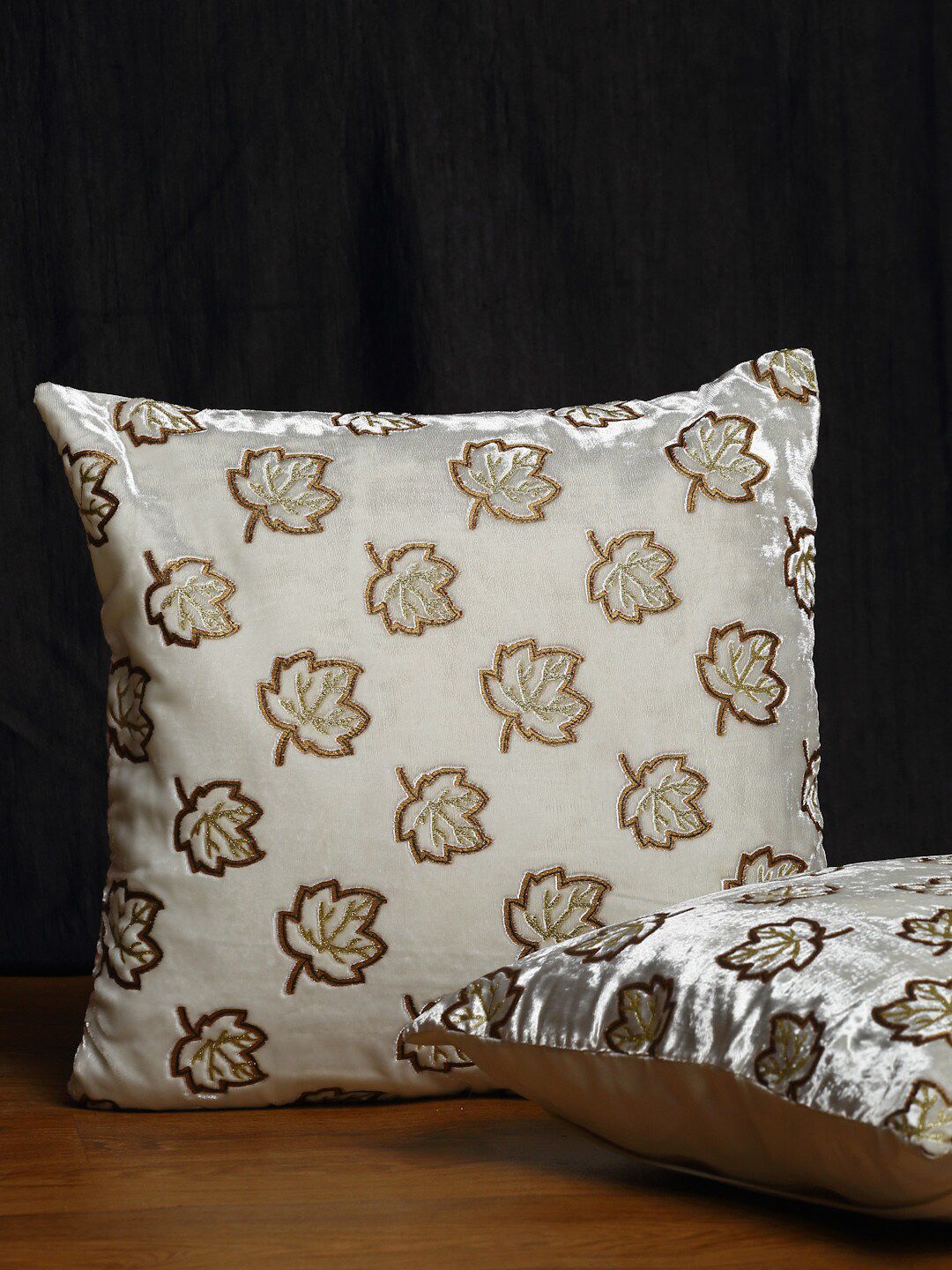 HOSTA HOMES Set of 2 Brown & Gold Floral Velvet Square Cushion Covers Price in India