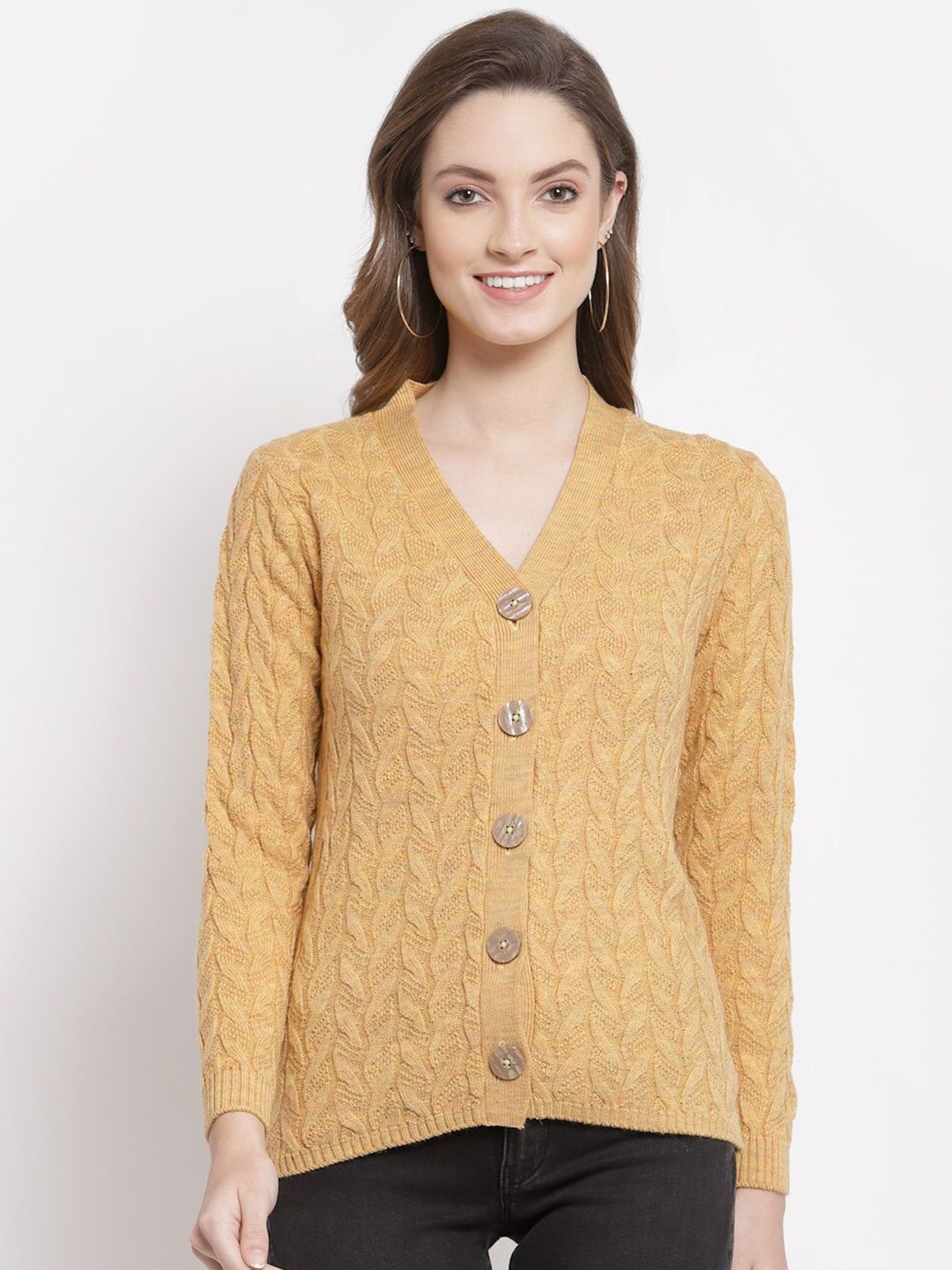 Kalt Women Gold-Toned Cable Knit Acrylic Cardigan Price in India