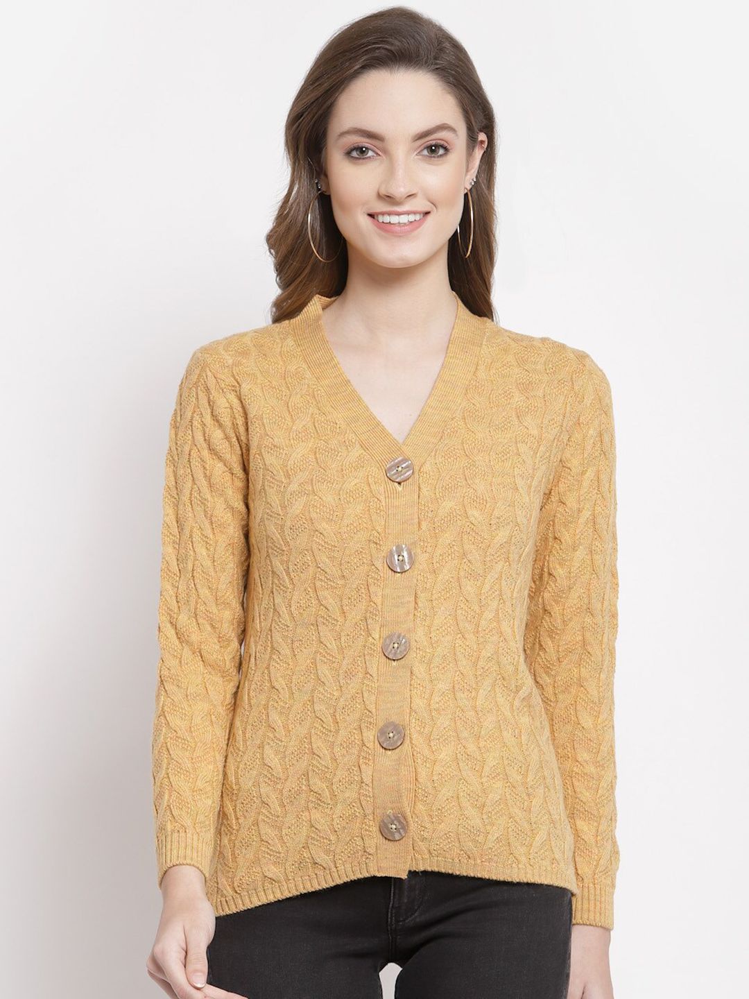 Kalt Women Beige Cable Knit Cardigan Price in India