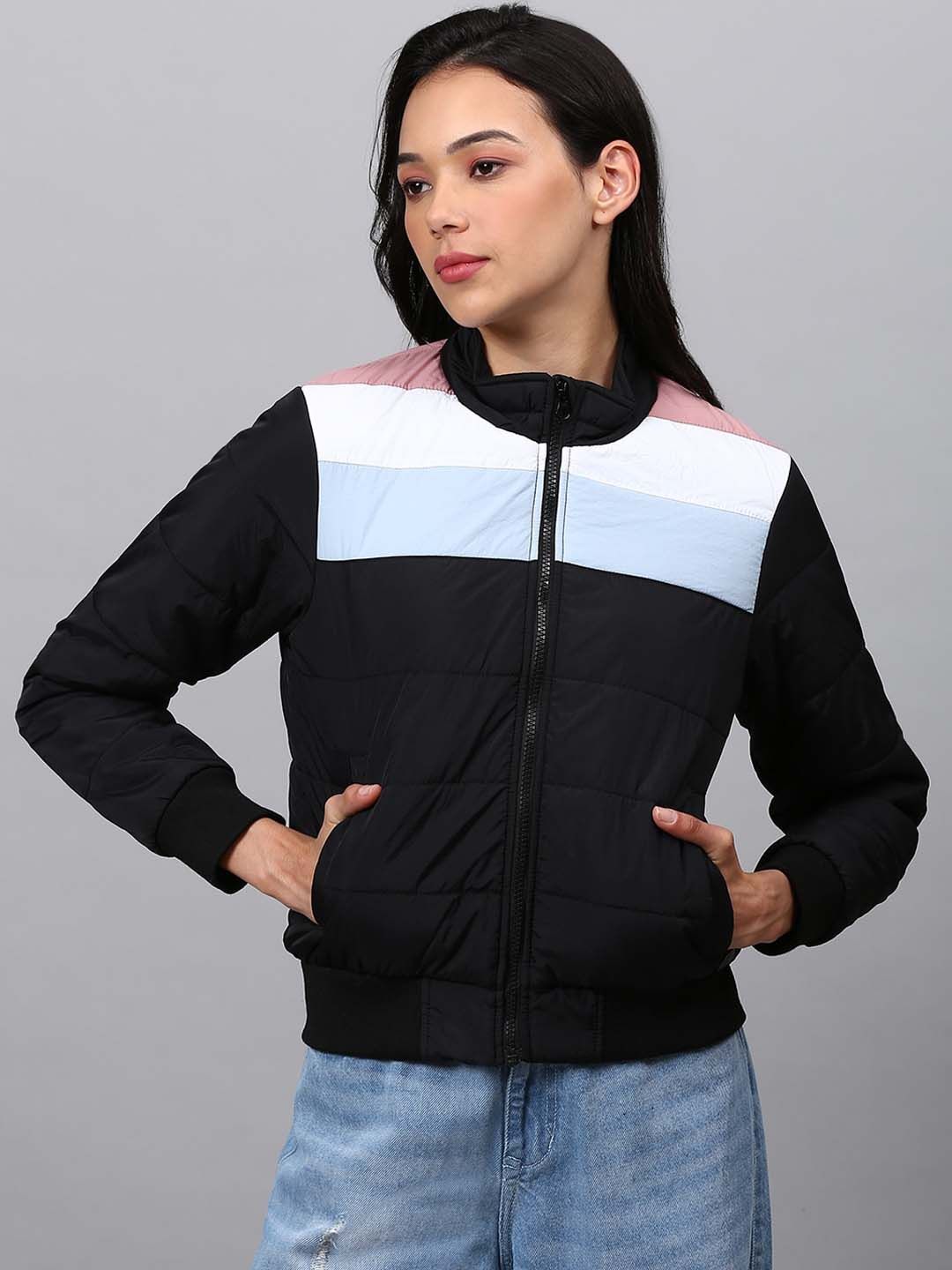 Campus Sutra Women Black Colourblocked Windcheater Outdoor Padded Jacket Price in India