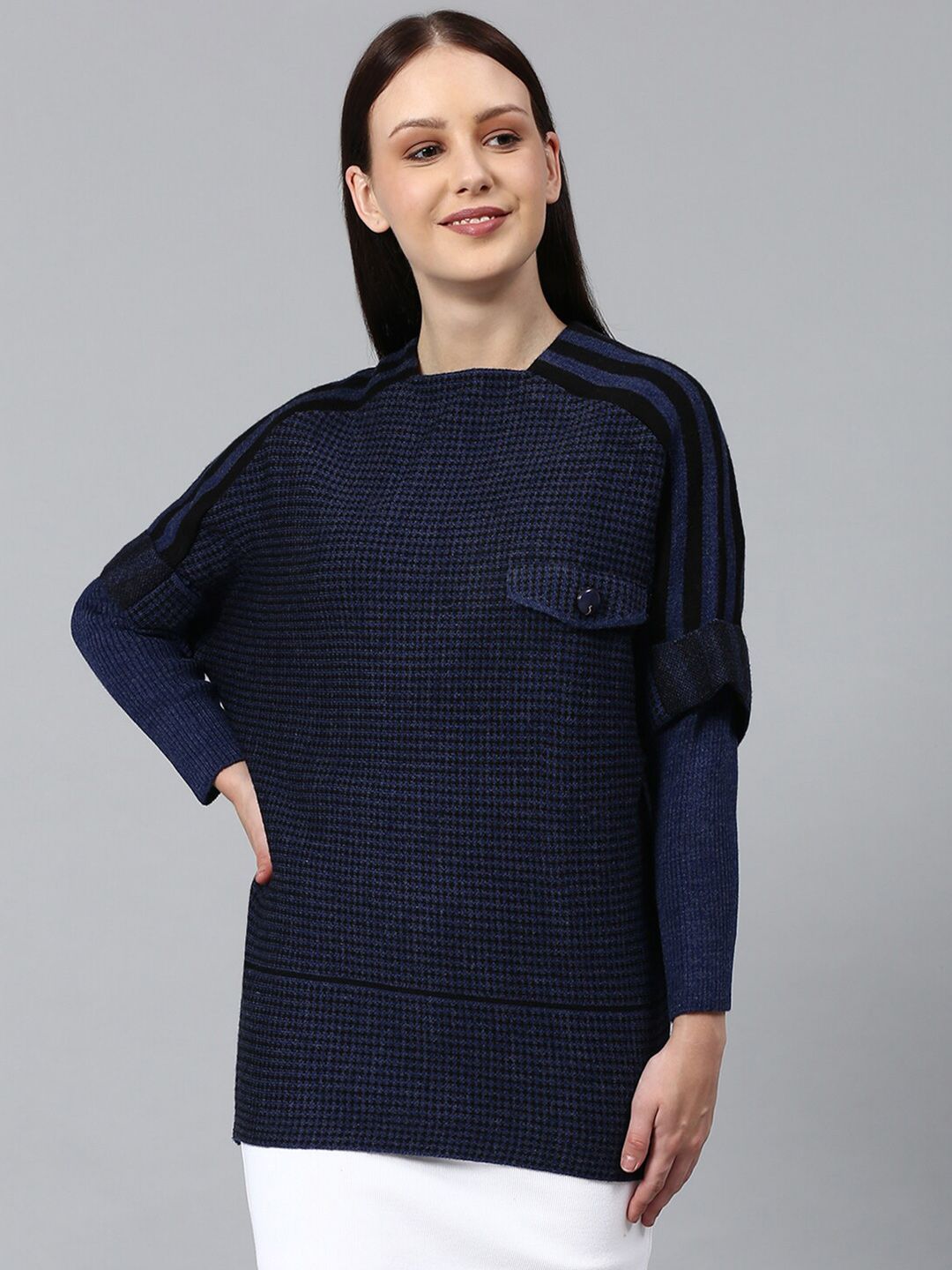 Campus Sutra Women Navy Blue & Black Ribbed Pullover Price in India