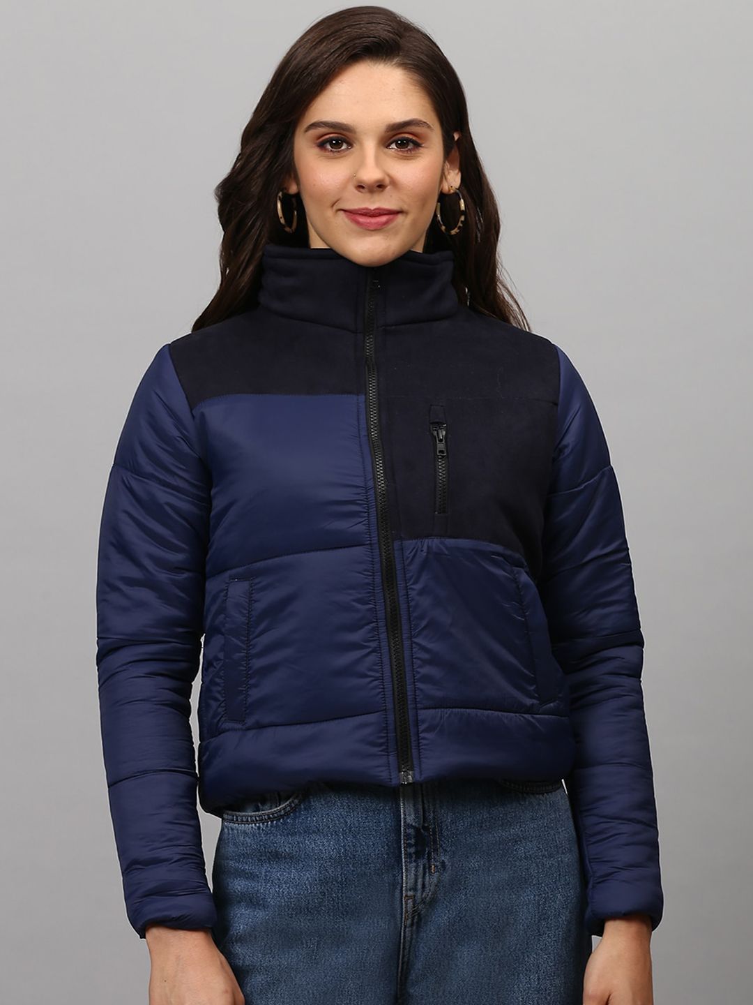 Campus Sutra Women Navy Blue Colourblocked Windcheater Longline Outdoor Padded Jacket Price in India