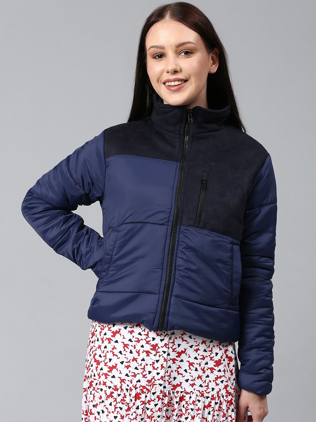 Campus Sutra Women Navy Blue Black Colourblocked Windcheater Outdoor Padded Jacket Price in India