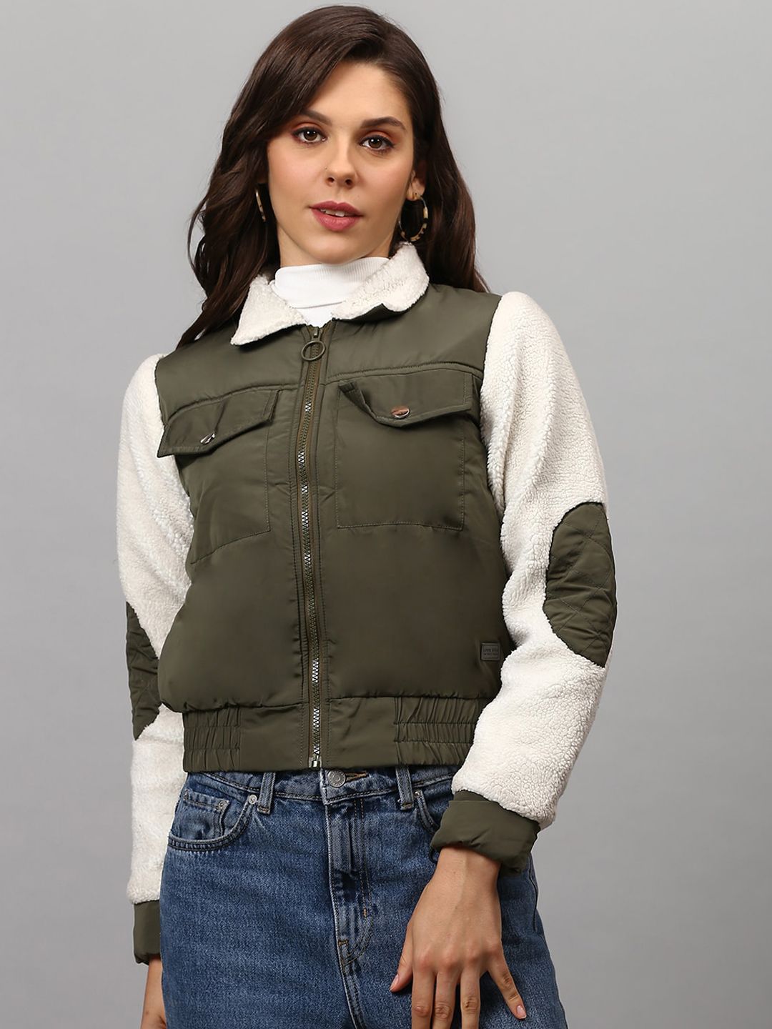 Campus Sutra Women Green Off White Colourblocked Windcheater Outdoor Bomber Jacket Price in India