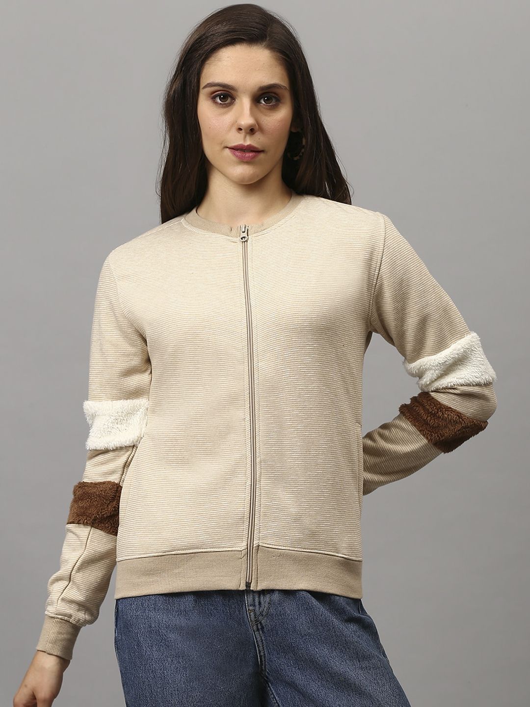 Campus Sutra Women Cream-Coloured Bomber Jacket Price in India