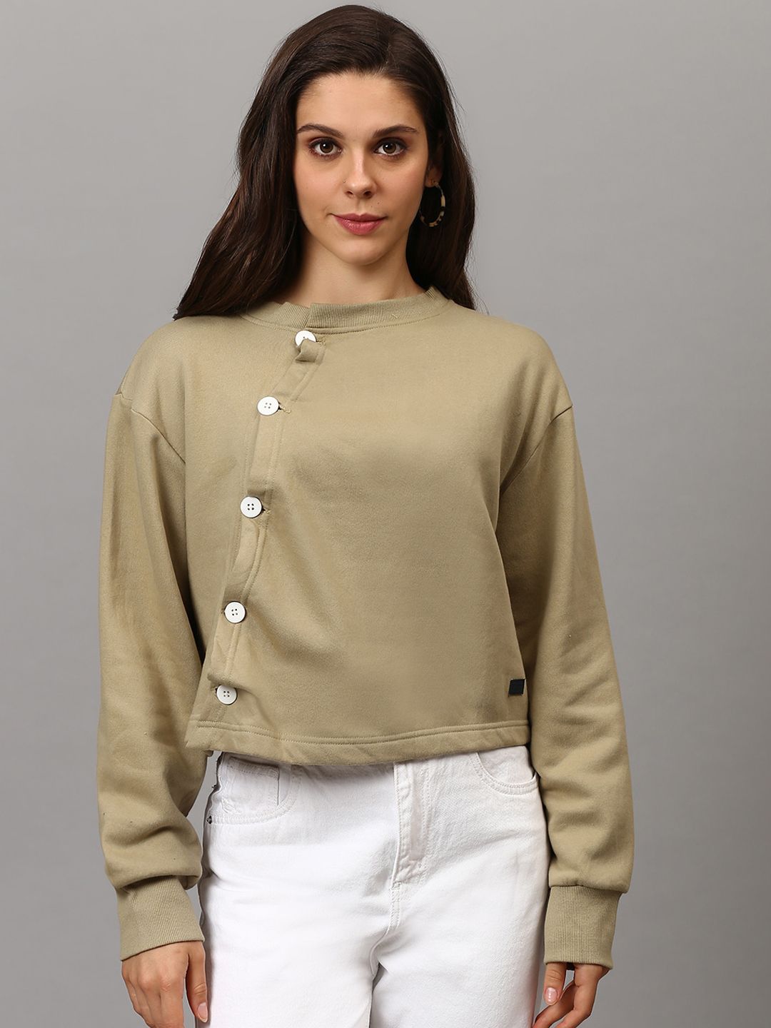 Campus Sutra Women Brown Solid Cropped Sweatshirt Price in India