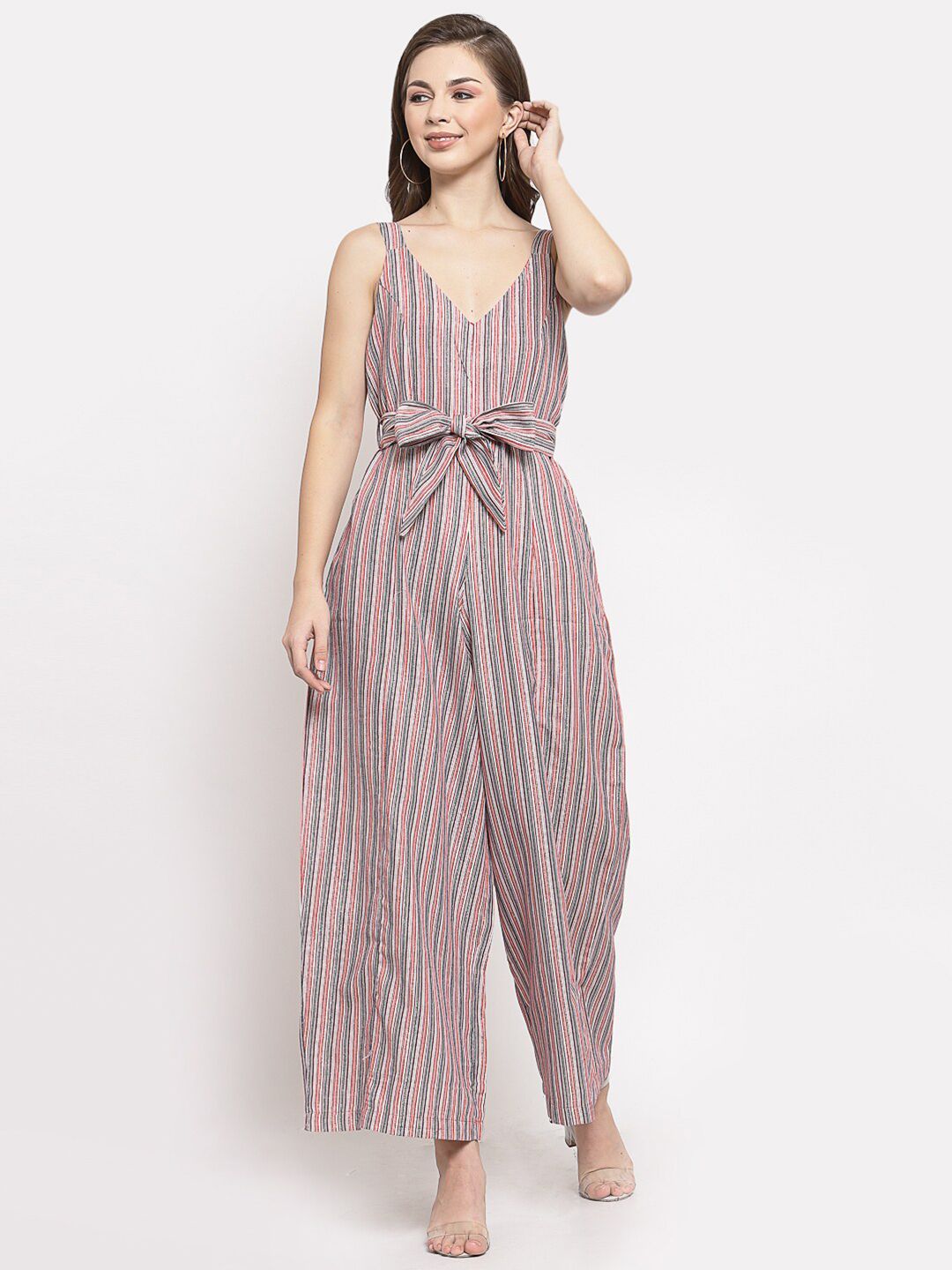 Mafadeny Red & Black Striped Cotton Basic Jumpsuit Price in India